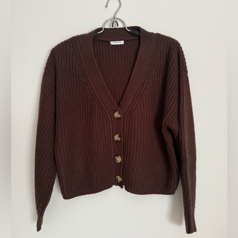 Brown Knit V-Neck Button Cardigan Sweater